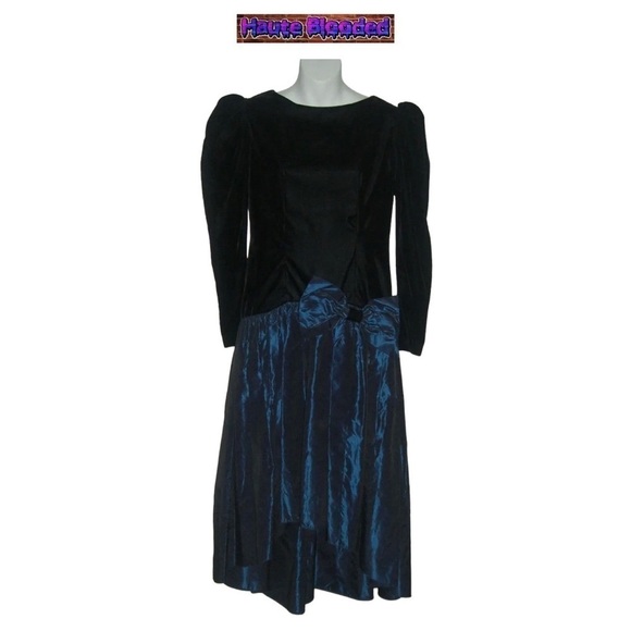Vintage 90's Black Velvet Party Dress Blue Tafetta Bow Hi Lo Puff Shoulder Shiny - Picture 1 of 12